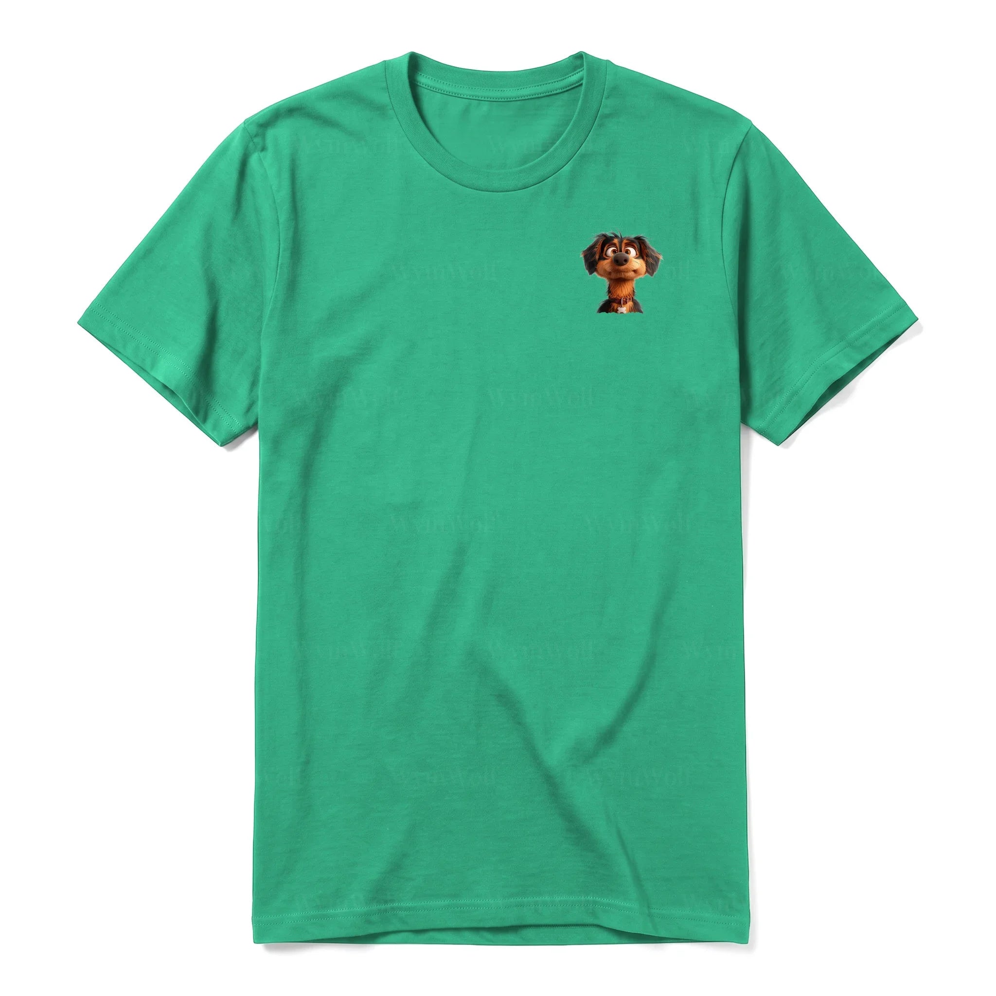 Un T-shirt kelly à manches courtes et col rond, orné d'un motif représentant un chien sur la poitrine gauche.