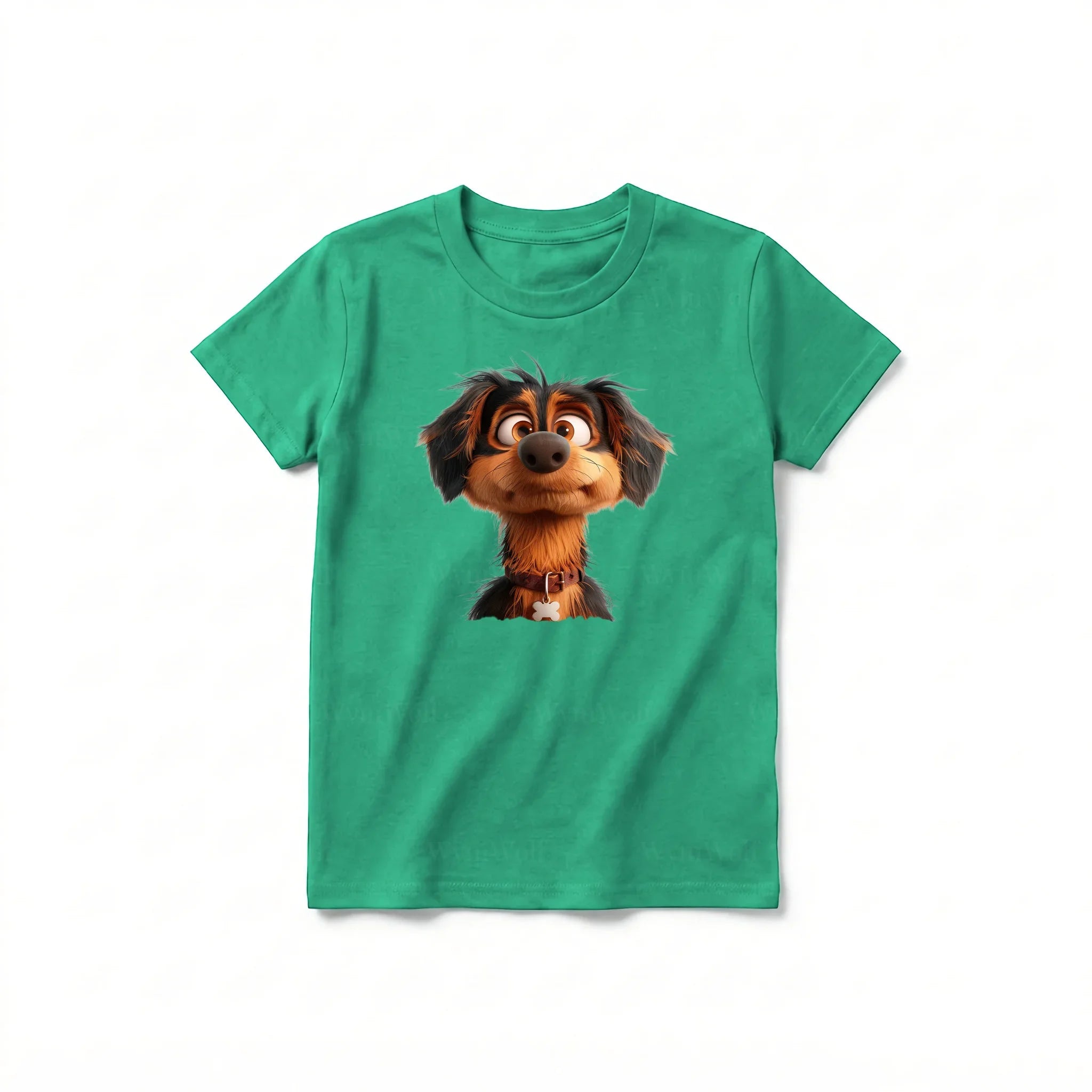 Un T-shirt kelly à manches courtes et col rond pour jeune, orné d'un motif représentant un chien sur le devant.