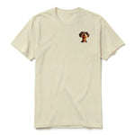 A latte short-sleeve crewneck t-shirt for adult featuring a graphic of a dog on the left chest.