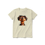 A latte short-sleeve crewneck t-shirt for youth featuring a graphic of a dog on the front.