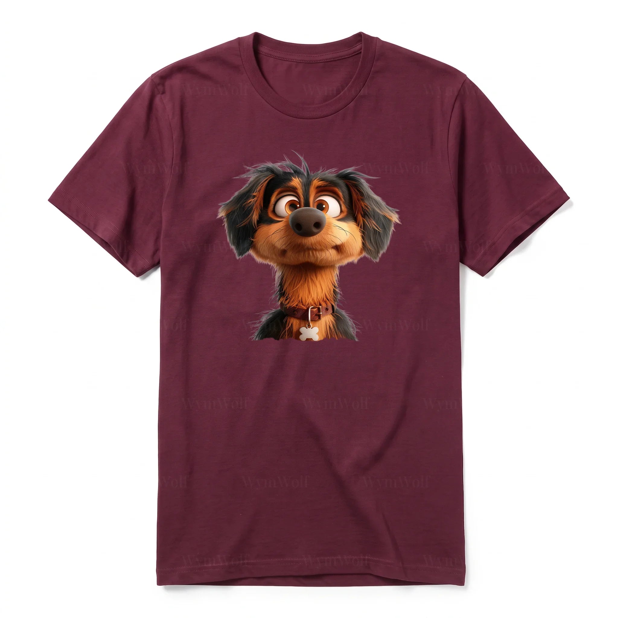 Un T-shirt marron à manches courtes et col rond, orné d'un motif représentant un chien sur le devant.