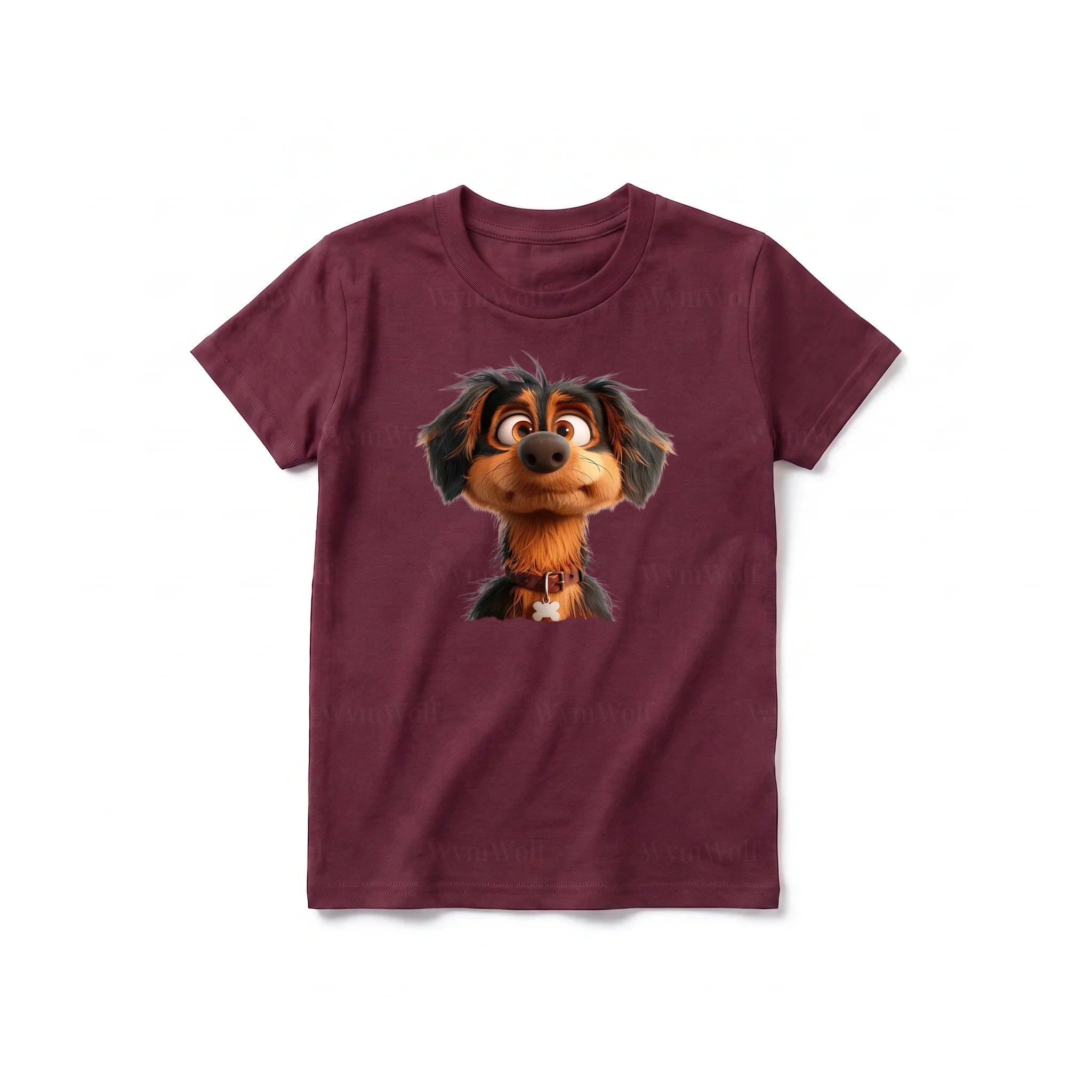 Un T-shirt marron à manches courtes et col rond pour jeune, orné d'un motif représentant un chien sur le devant.