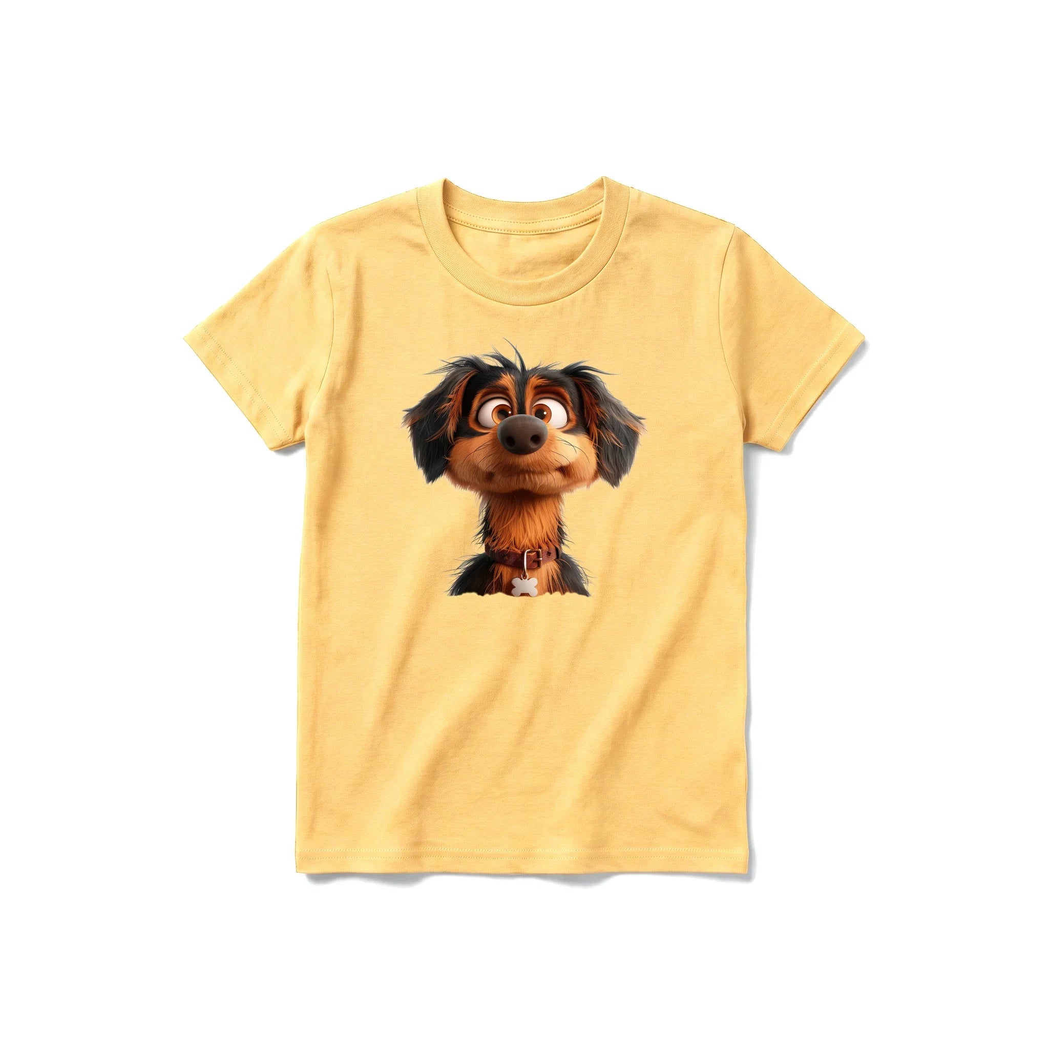 Un T-shirt moutarde à manches courtes et col rond pour jeune, orné d'un motif représentant un chien sur le devant.