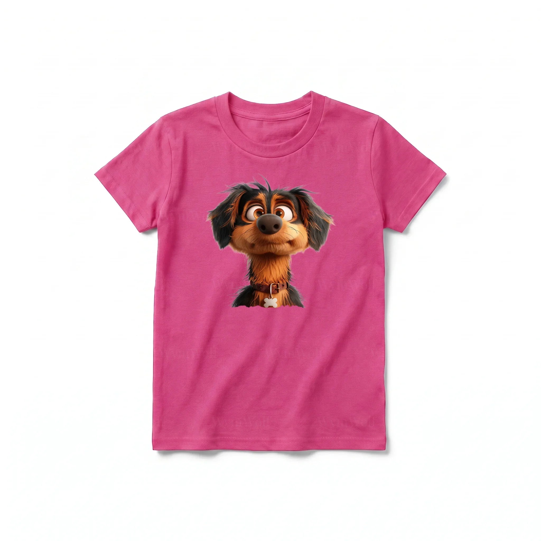 Un T-shirt framboise à manches courtes et col rond pour jeune, orné d'un motif représentant un chien sur le devant.