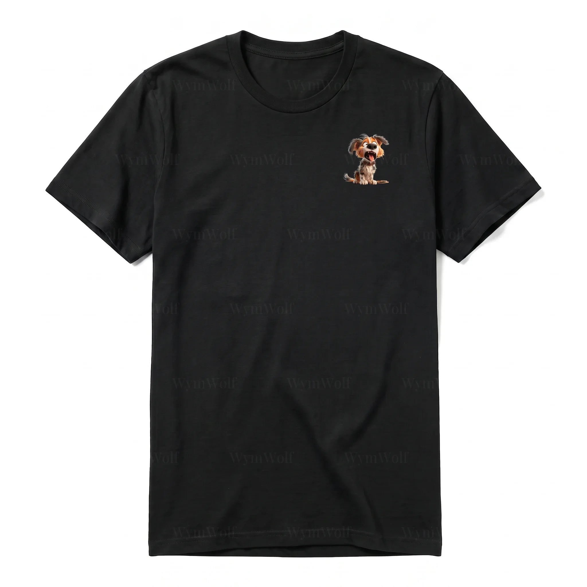 Un T-shirt noir à manches courtes et col rond, orné d'un motif représentant un chien sur la poitrine gauche.