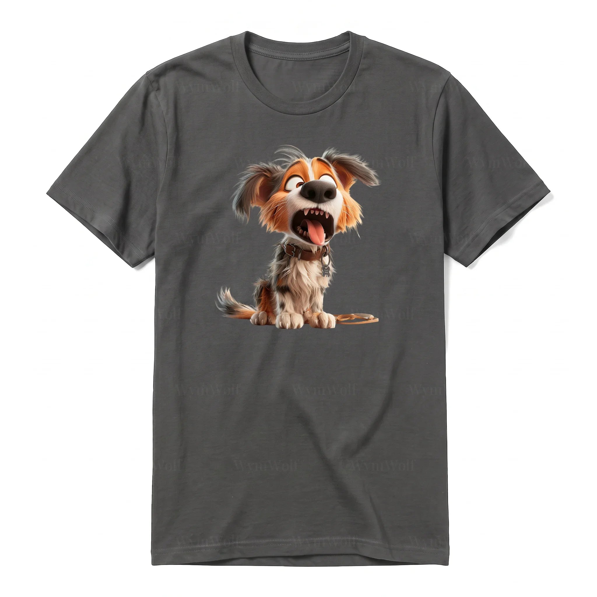 Un T-shirt charbon à manches courtes et col rond, orné d'un motif représentant un chien sur le devant.