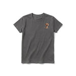 Un T-shirt charbon à manches courtes et col rond pour jeune, orné d'un motif représentant un chien sur la poitrine gauche.