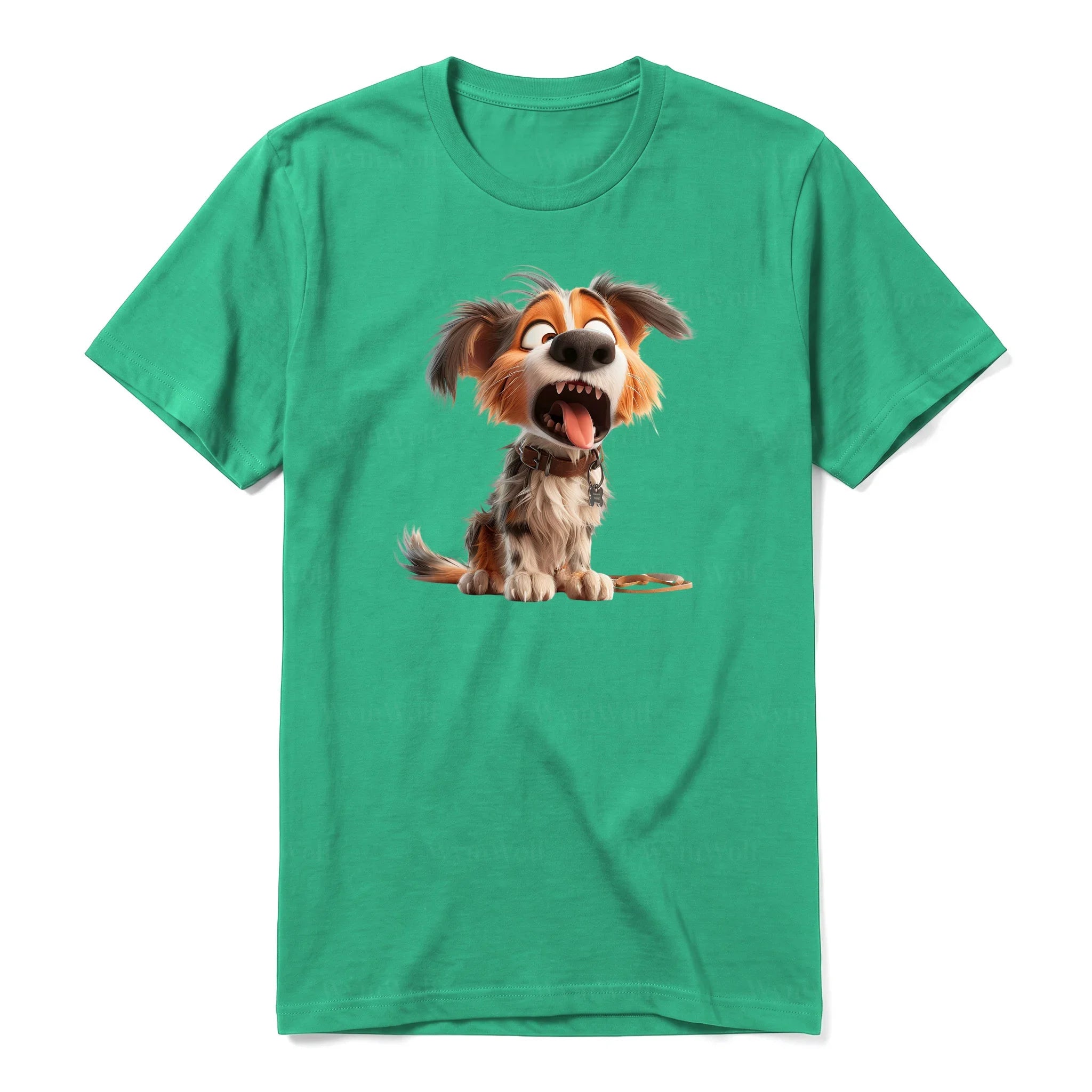 Un T-shirt kelly à manches courtes et col rond, orné d'un motif représentant un chien sur le devant.