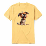 A mustard short-sleeve crewneck t-shirt for adult featuring a graphic of a dog on the front.