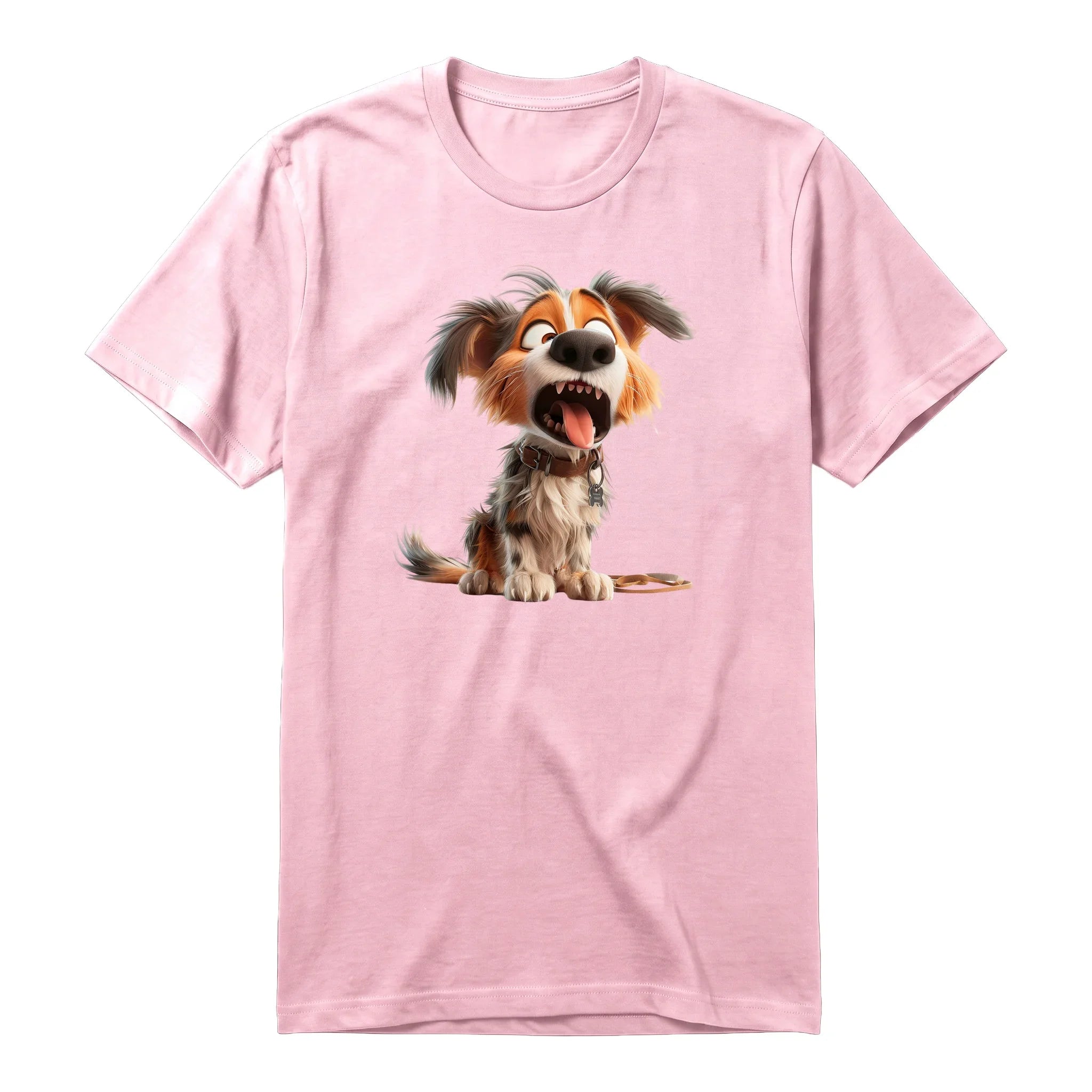 Un T-shirt rose à manches courtes et col rond, orné d'un motif représentant un chien sur le devant.