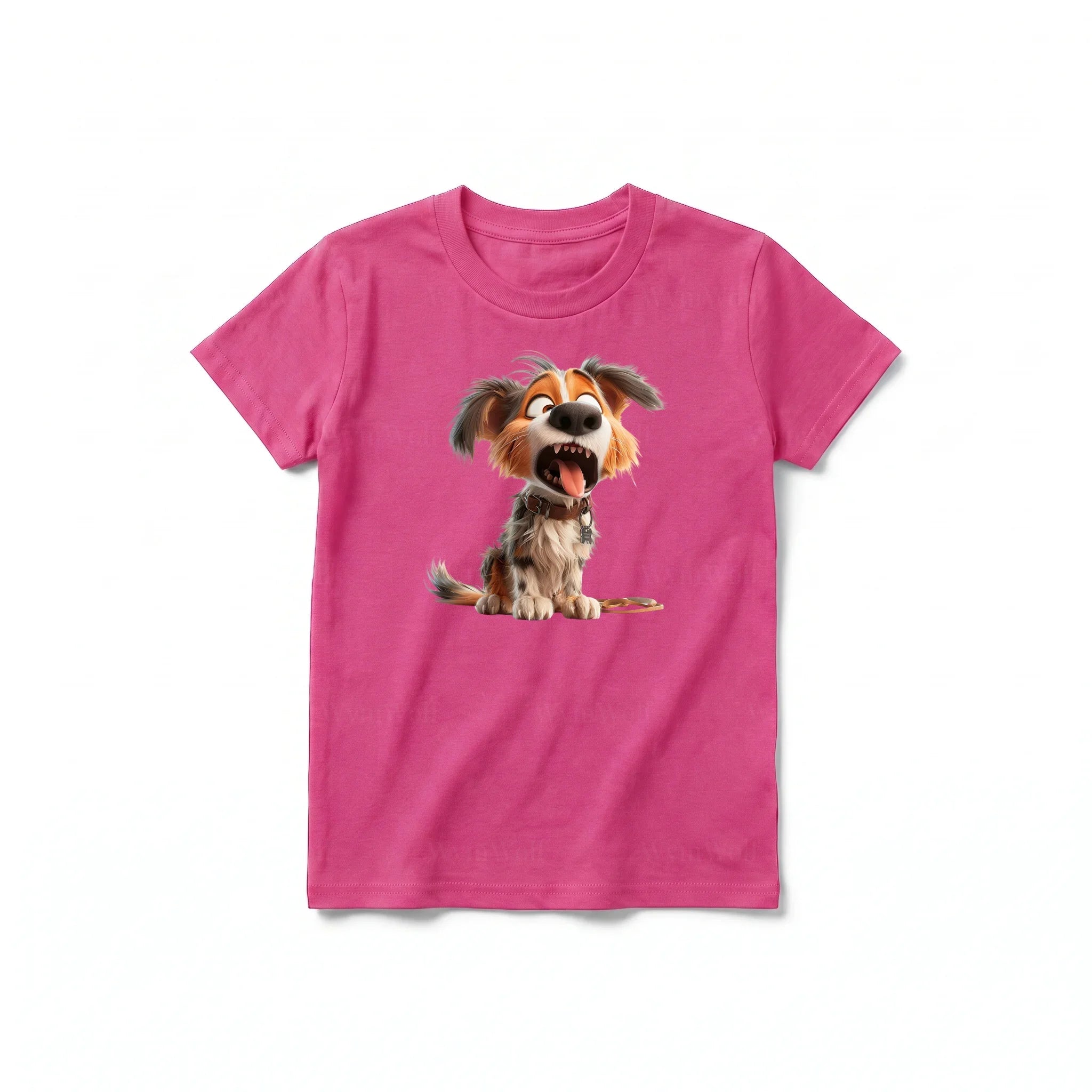 A raspberry short-sleeve crewneck t-shirt for youth featuring a graphic of a dog on the front.