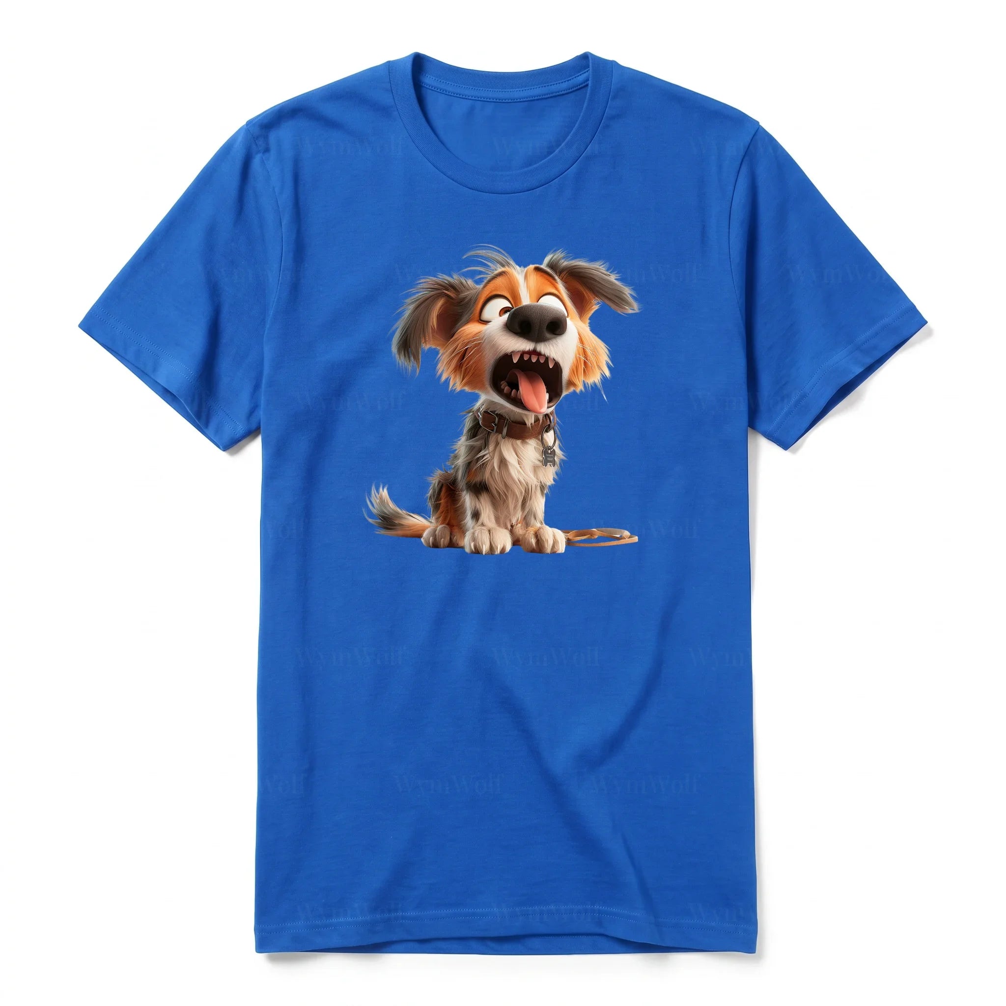 Un T-shirt royal à manches courtes et col rond, orné d'un motif représentant un chien sur le devant.