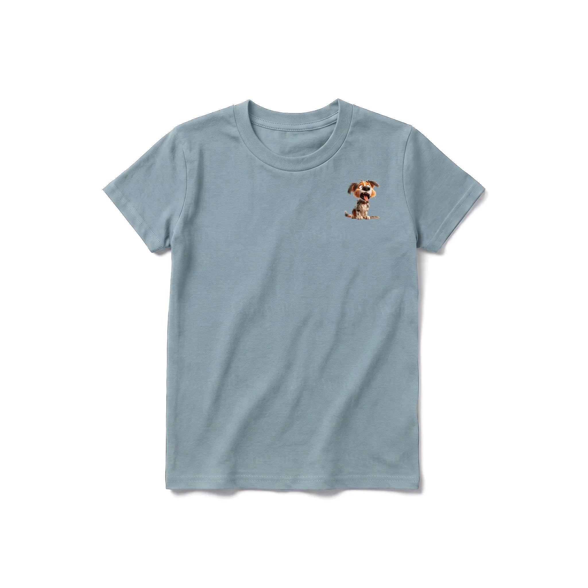 Un T-shirt sauge à manches courtes et col rond pour jeune, orné d'un motif représentant un chien sur la poitrine gauche.