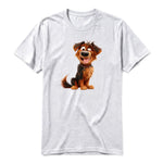 A ash grey short-sleeve crewneck t-shirt for adult featuring a graphic of a dog on the front.