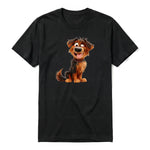 Un T-shirt noir à manches courtes et col rond, orné d'un motif représentant un chien sur le devant.