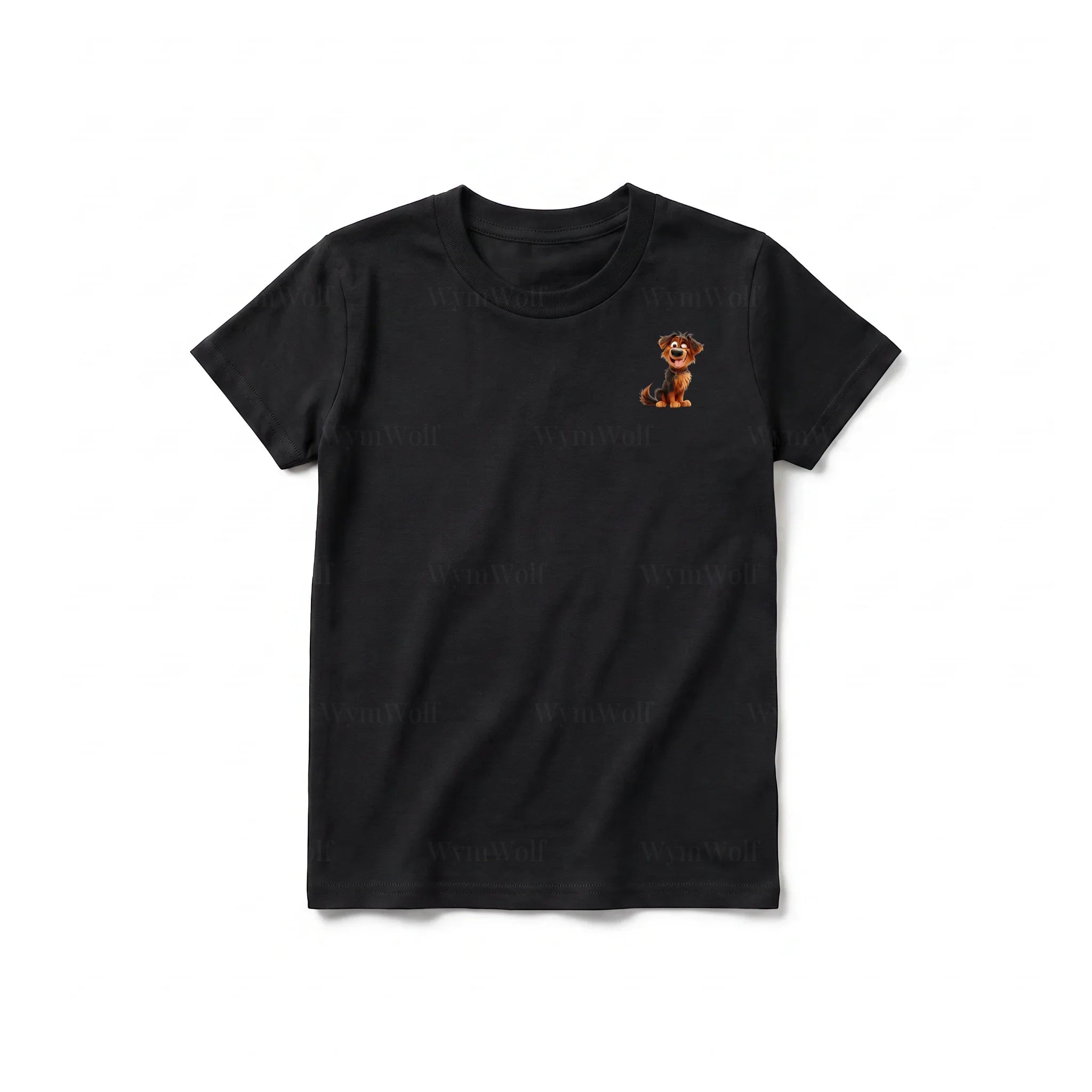 Un T-shirt noir à manches courtes et col rond pour jeune, orné d'un motif représentant un chien sur la poitrine gauche.