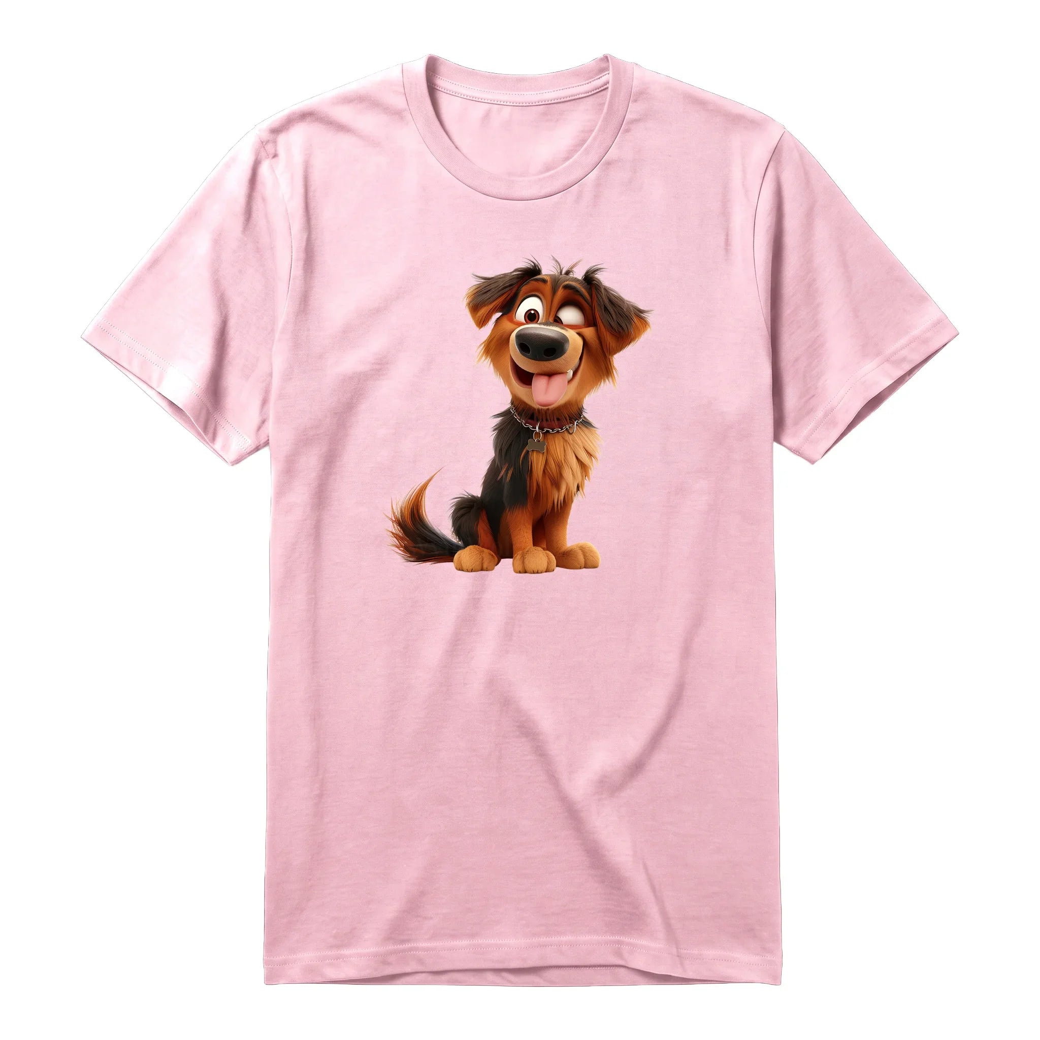 Un T-shirt rose à manches courtes et col rond, orné d'un motif représentant un chien sur le devant.