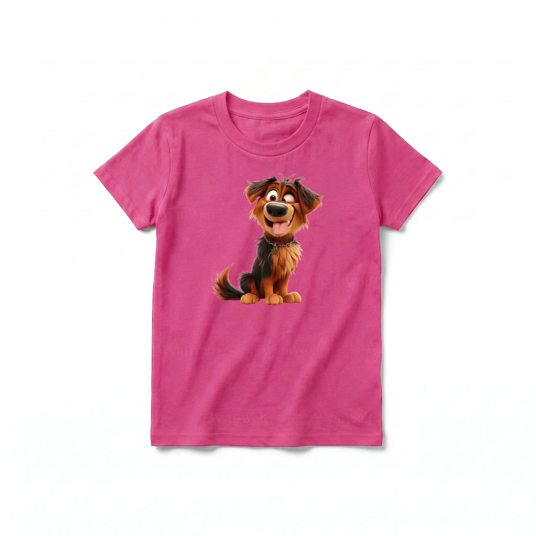 A raspberry short-sleeve crewneck t-shirt for youth featuring a graphic of a dog on the front.
