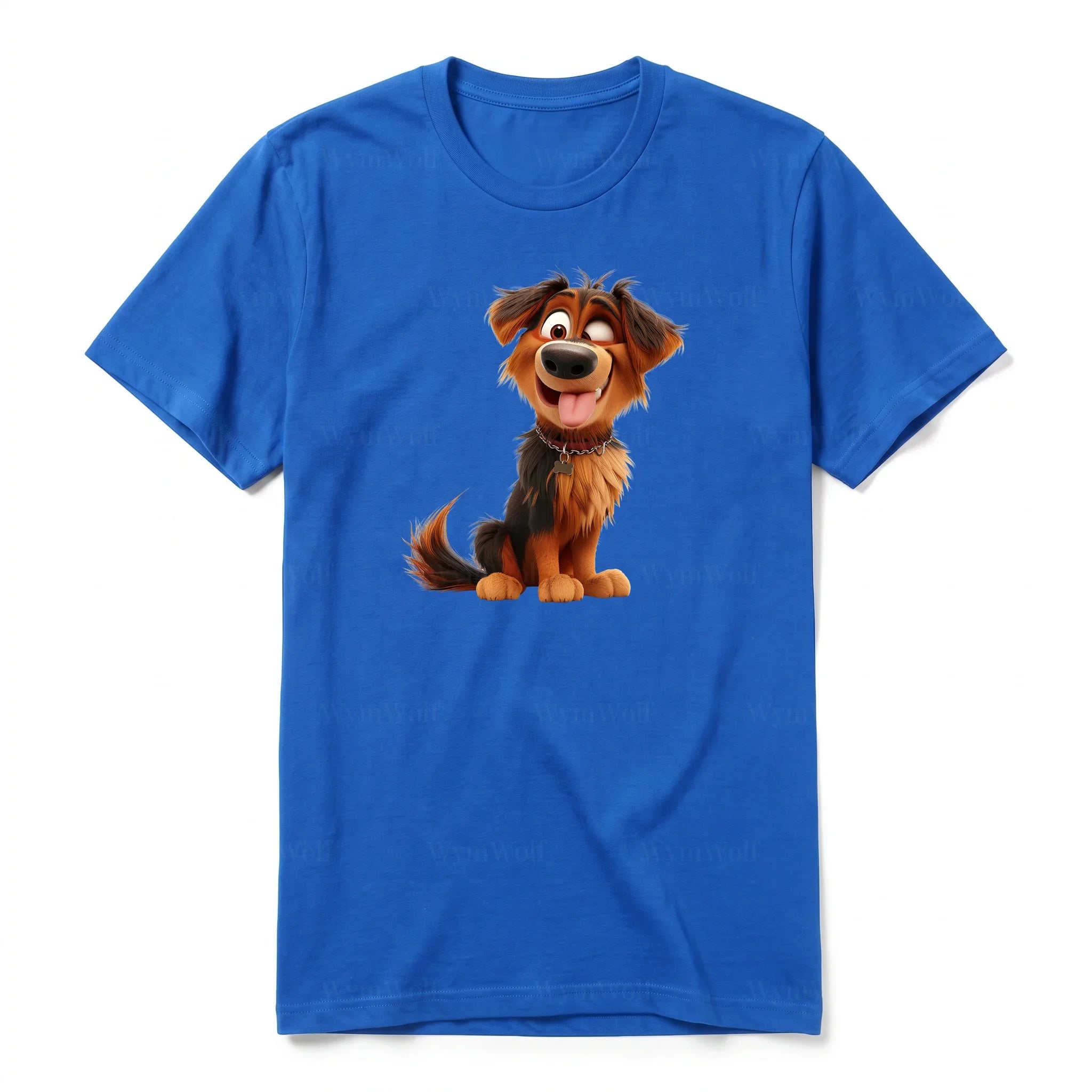 Un T-shirt royal à manches courtes et col rond, orné d'un motif représentant un chien sur le devant.