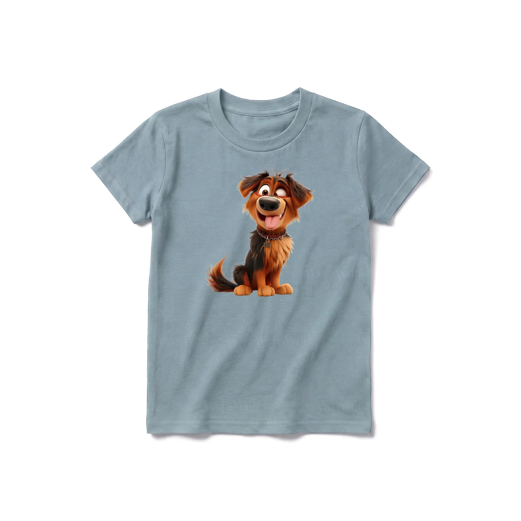 Un T-shirt sauge à manches courtes et col rond pour jeune, orné d'un motif représentant un chien sur le devant.