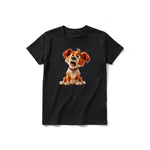 Un T-shirt noir à manches courtes et col rond pour jeune, orné d'un motif représentant un chien sur le devant.