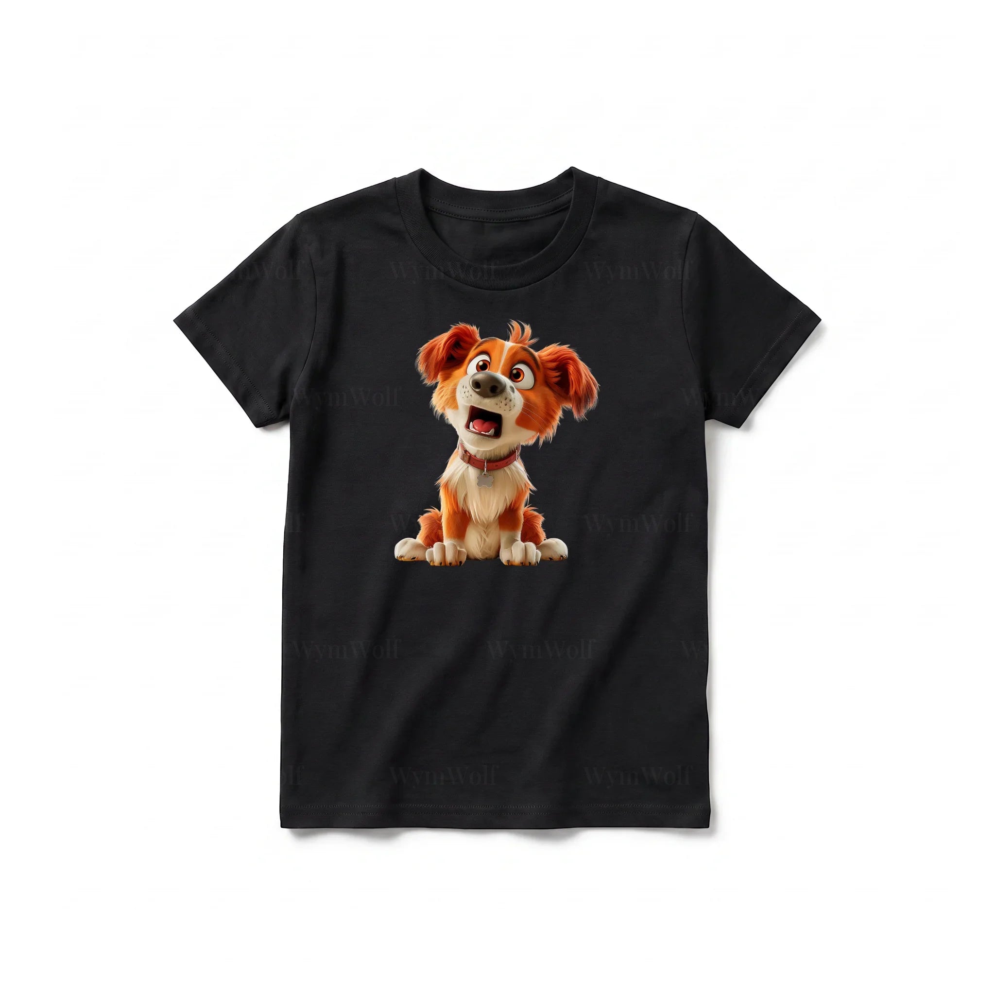 Un T-shirt noir à manches courtes et col rond pour jeune, orné d'un motif représentant un chien sur le devant.
