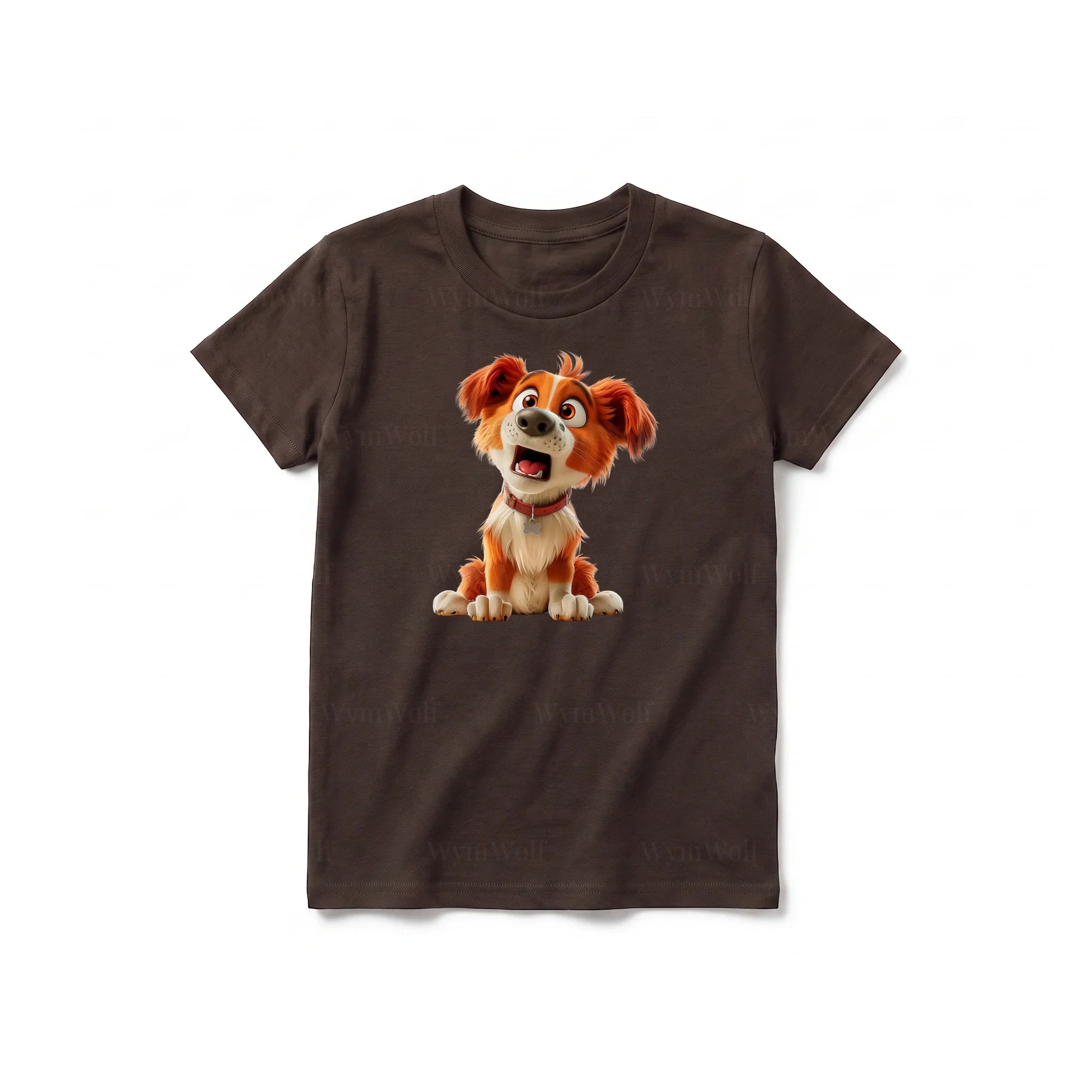 Un T-shirt chocolat à manches courtes et col rond pour jeune, orné d'un motif représentant un chien sur le devant.