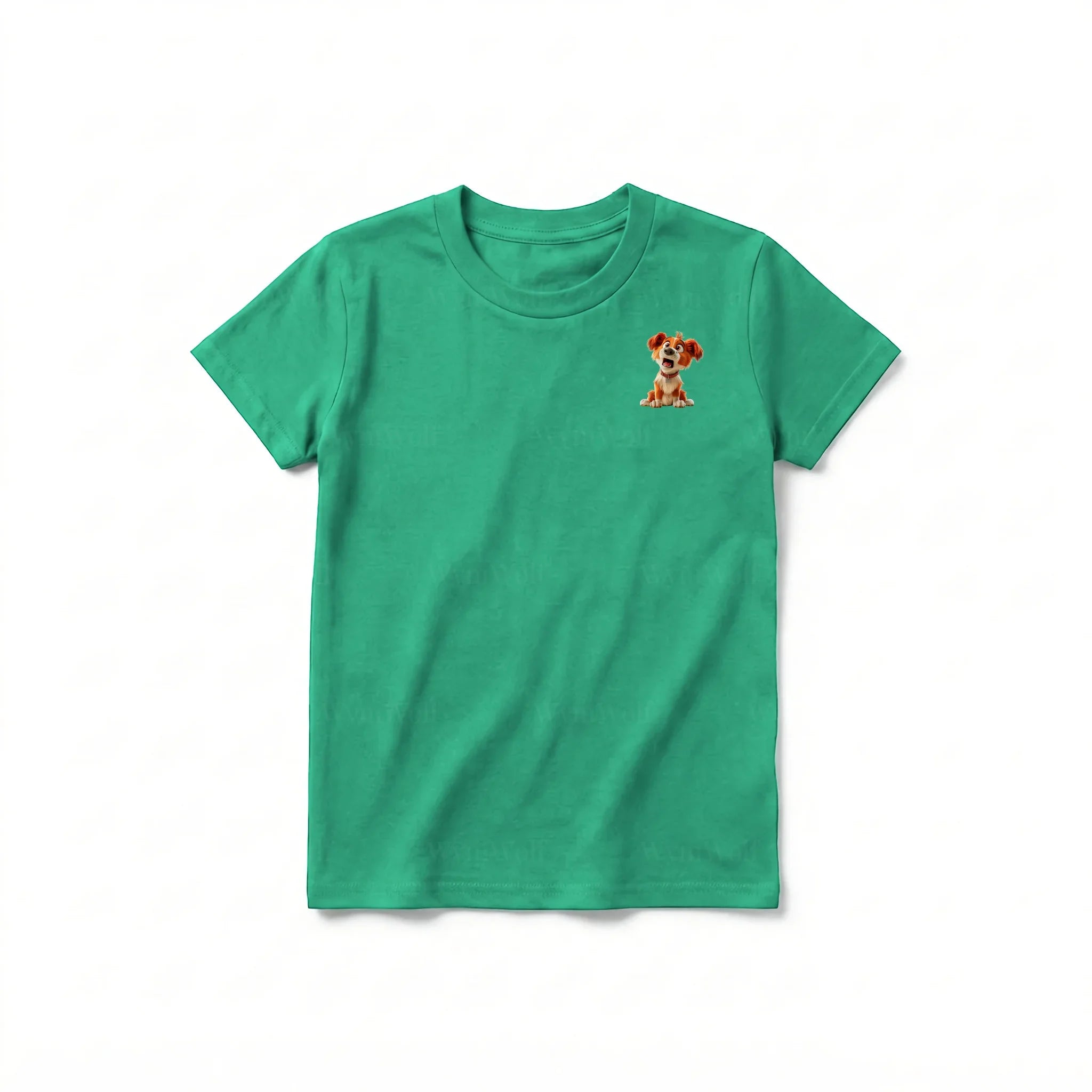 Un T-shirt kelly à manches courtes et col rond pour jeune, orné d'un motif représentant un chien sur la poitrine gauche.