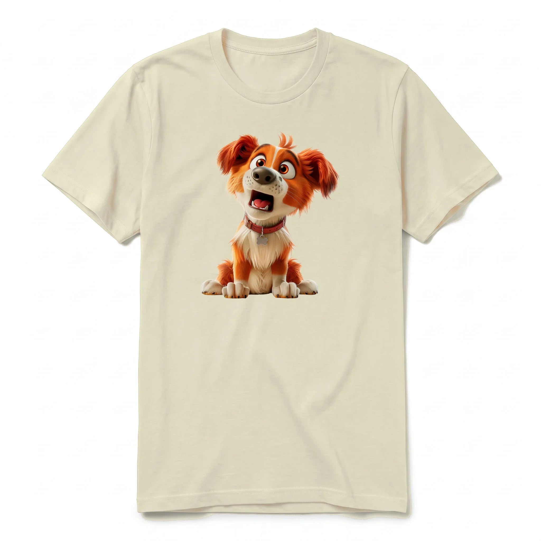 A latte short-sleeve crewneck t-shirt for adult featuring a graphic of a dog on the front.