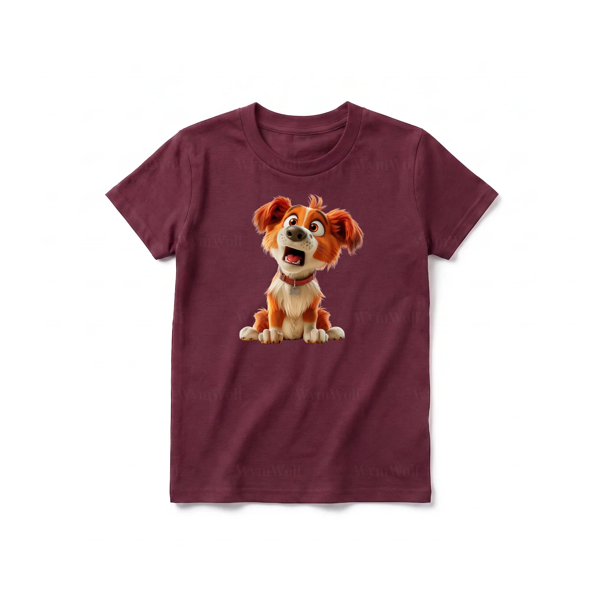 Un T-shirt marron à manches courtes et col rond pour jeune, orné d'un motif représentant un chien sur le devant.