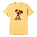 A mustard short-sleeve crewneck t-shirt for adult featuring a graphic of a dog on the front.