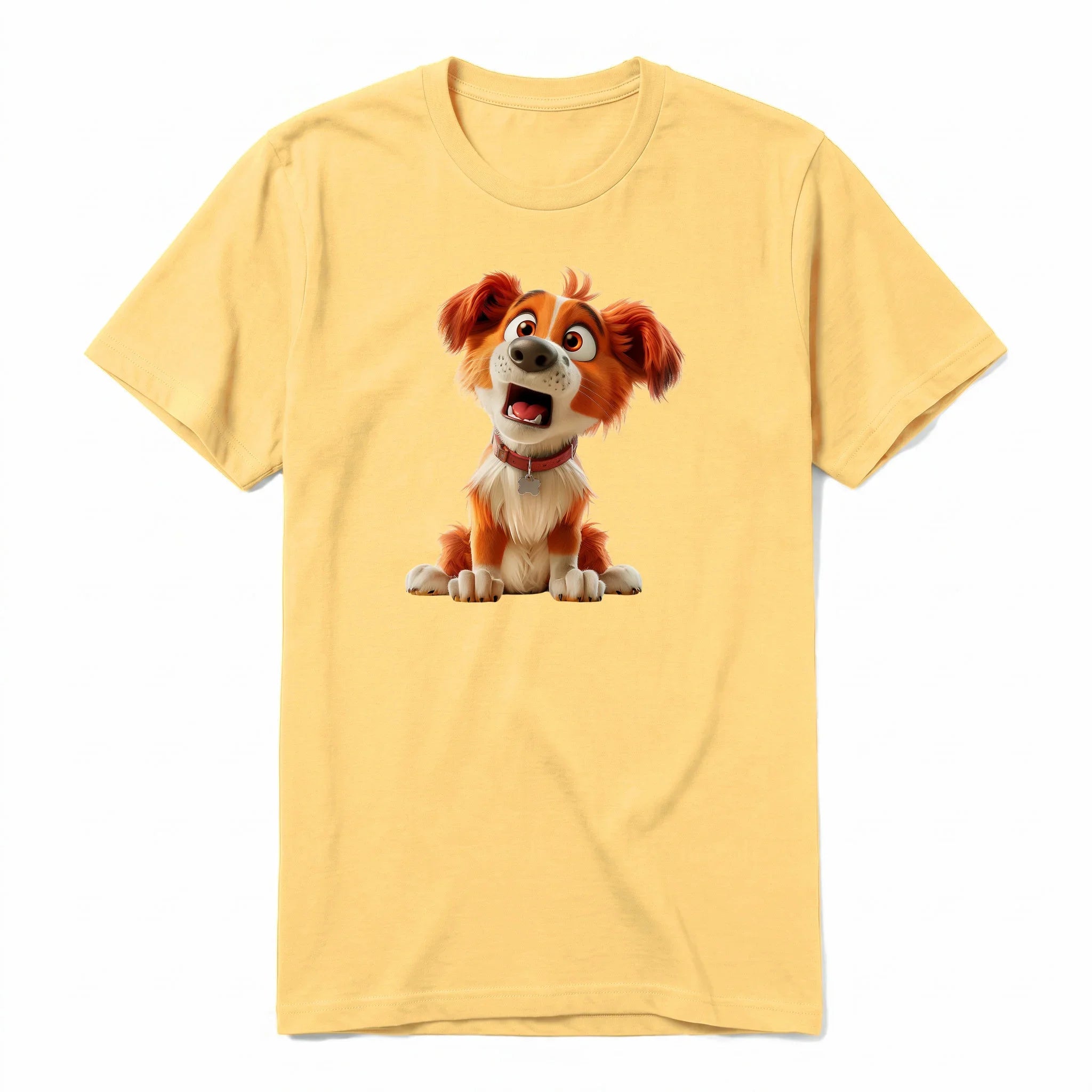 A mustard short-sleeve crewneck t-shirt for adult featuring a graphic of a dog on the front.