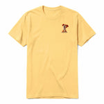 A mustard short-sleeve crewneck t-shirt for adult featuring a graphic of a dog on the left chest.