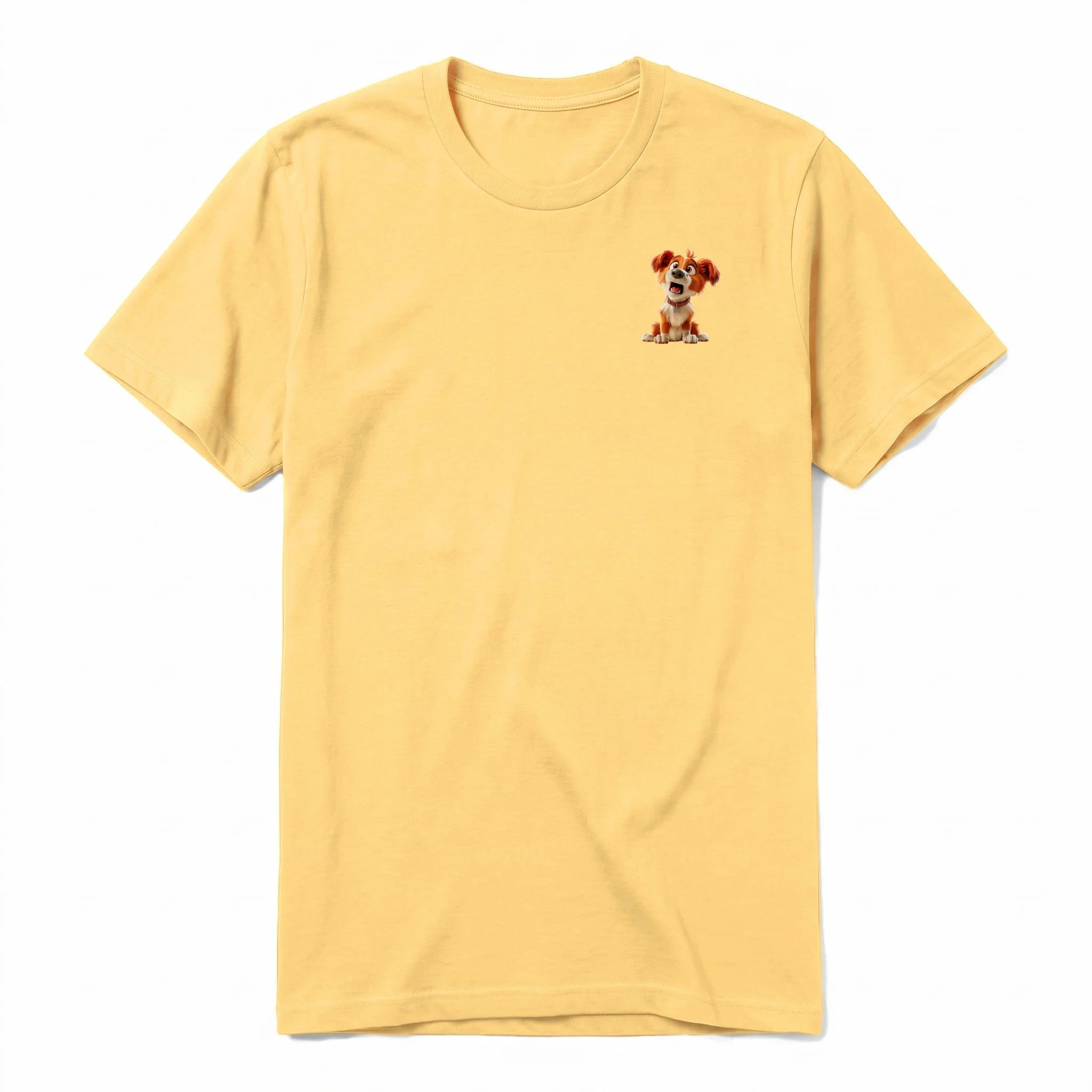 A mustard short-sleeve crewneck t-shirt for adult featuring a graphic of a dog on the left chest.