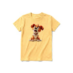 A mustard short-sleeve crewneck t-shirt for youth featuring a graphic of a dog on the front.
