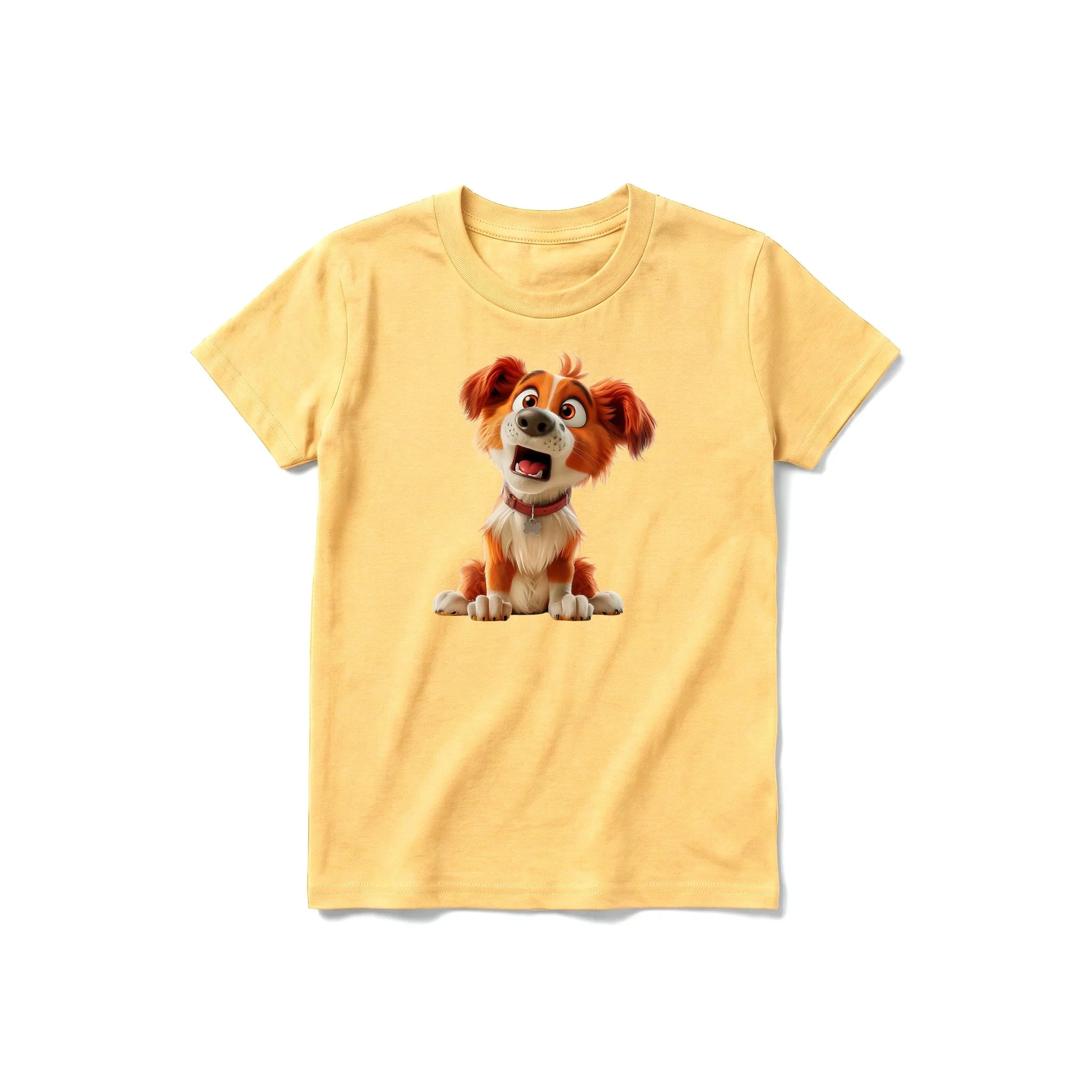 A mustard short-sleeve crewneck t-shirt for youth featuring a graphic of a dog on the front.