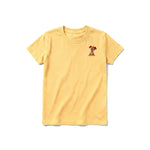 A mustard short-sleeve crewneck t-shirt for youth featuring a graphic of a dog on the left chest.