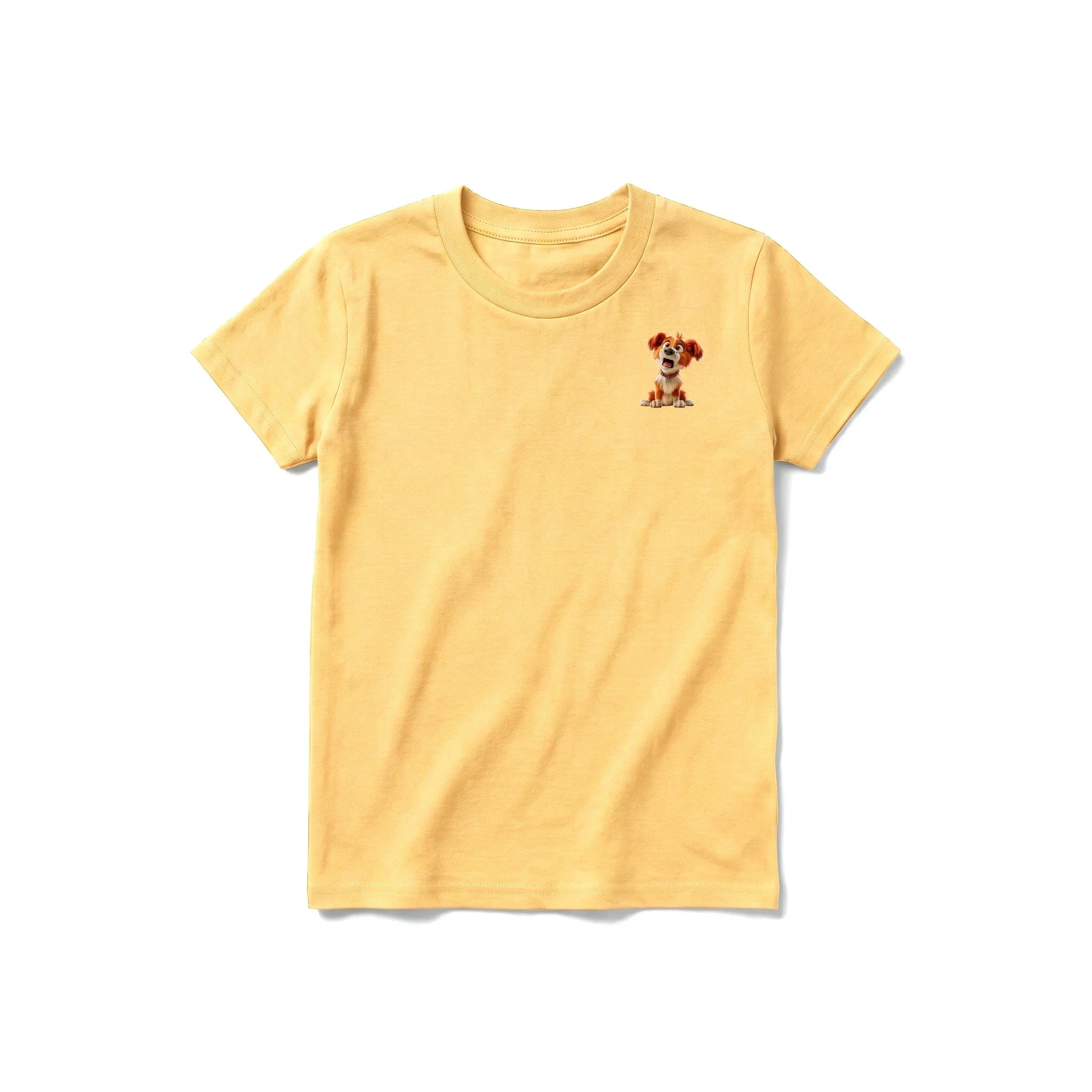 A mustard short-sleeve crewneck t-shirt for youth featuring a graphic of a dog on the left chest.