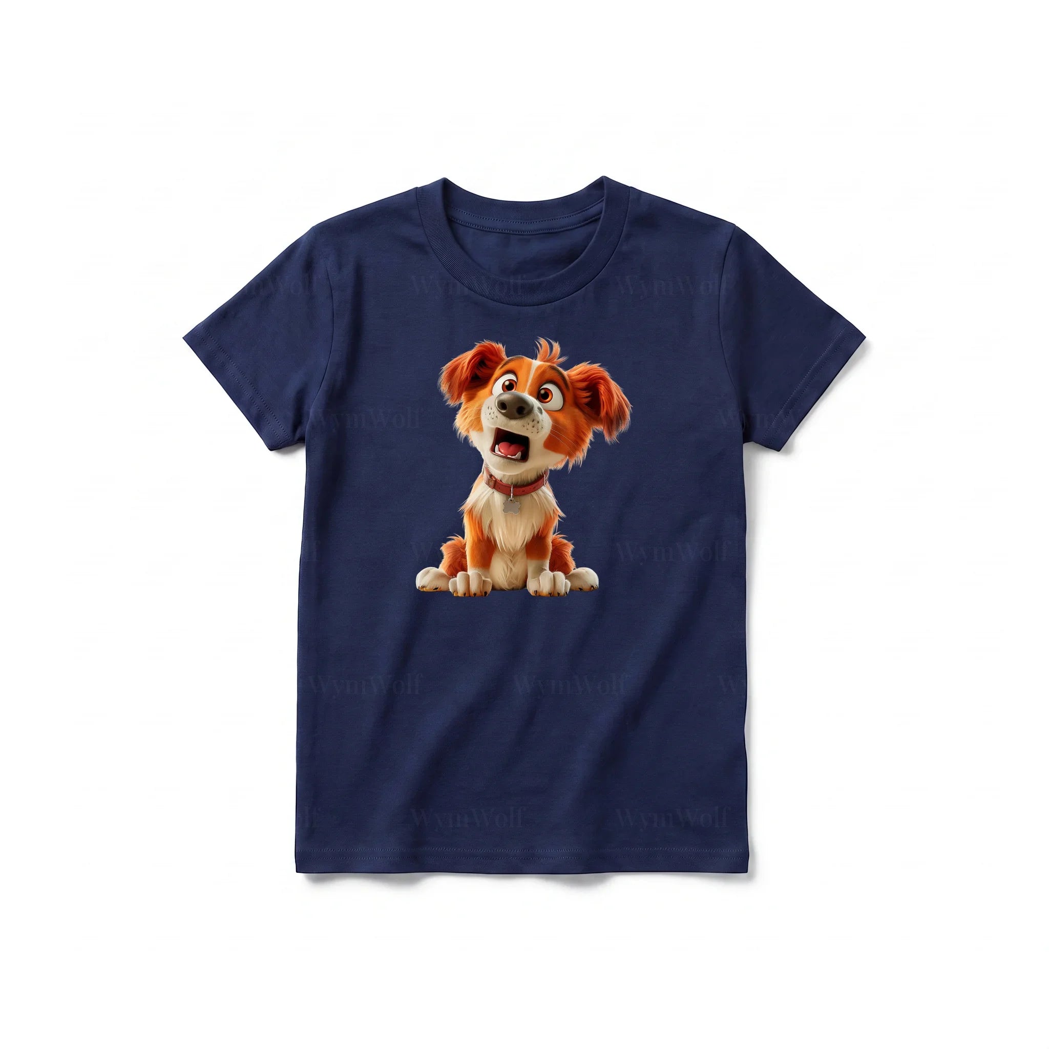 Un T-shirt marine à manches courtes et col rond pour jeune, orné d'un motif représentant un chien sur le devant.