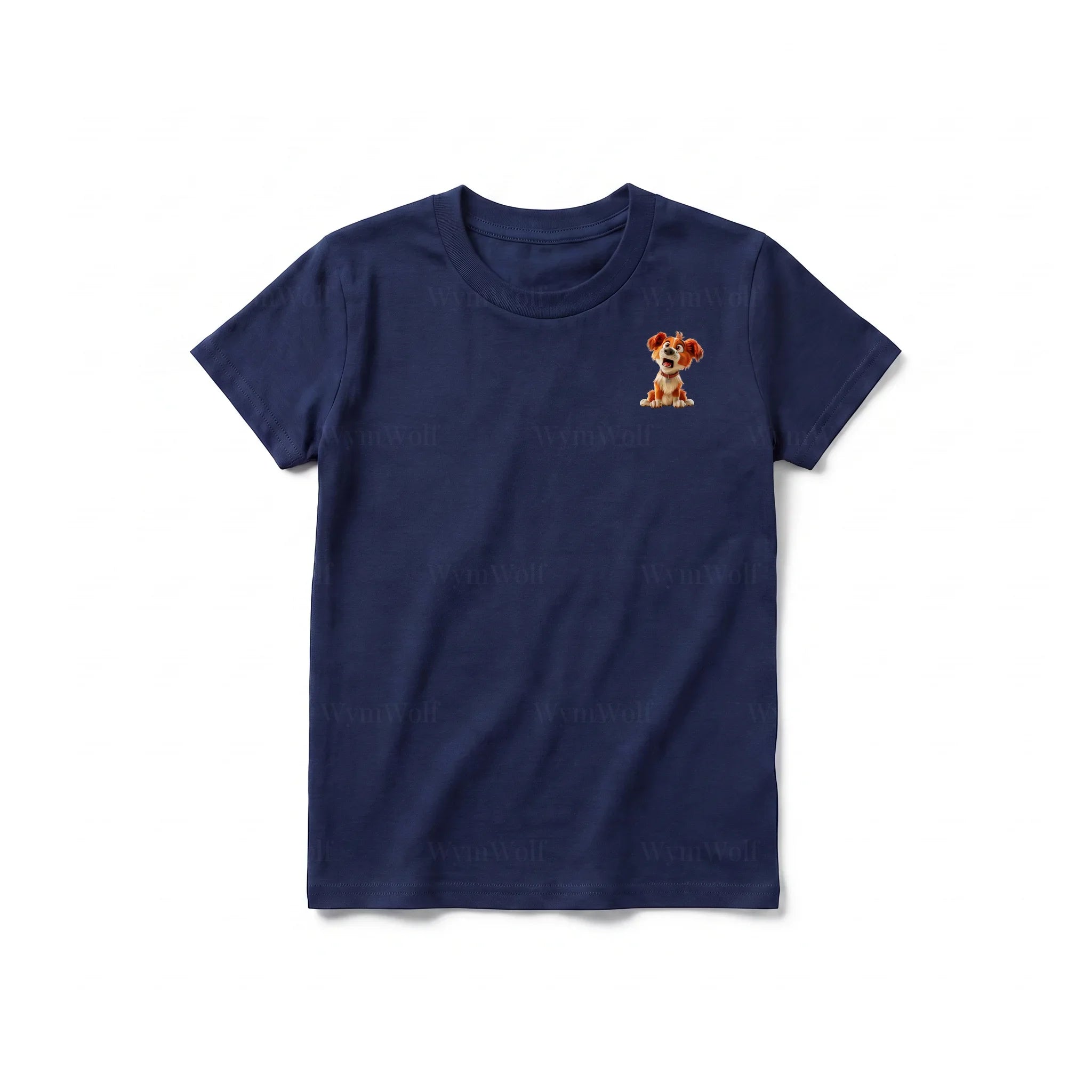 Un T-shirt marine à manches courtes et col rond pour jeune, orné d'un motif représentant un chien sur la poitrine gauche.