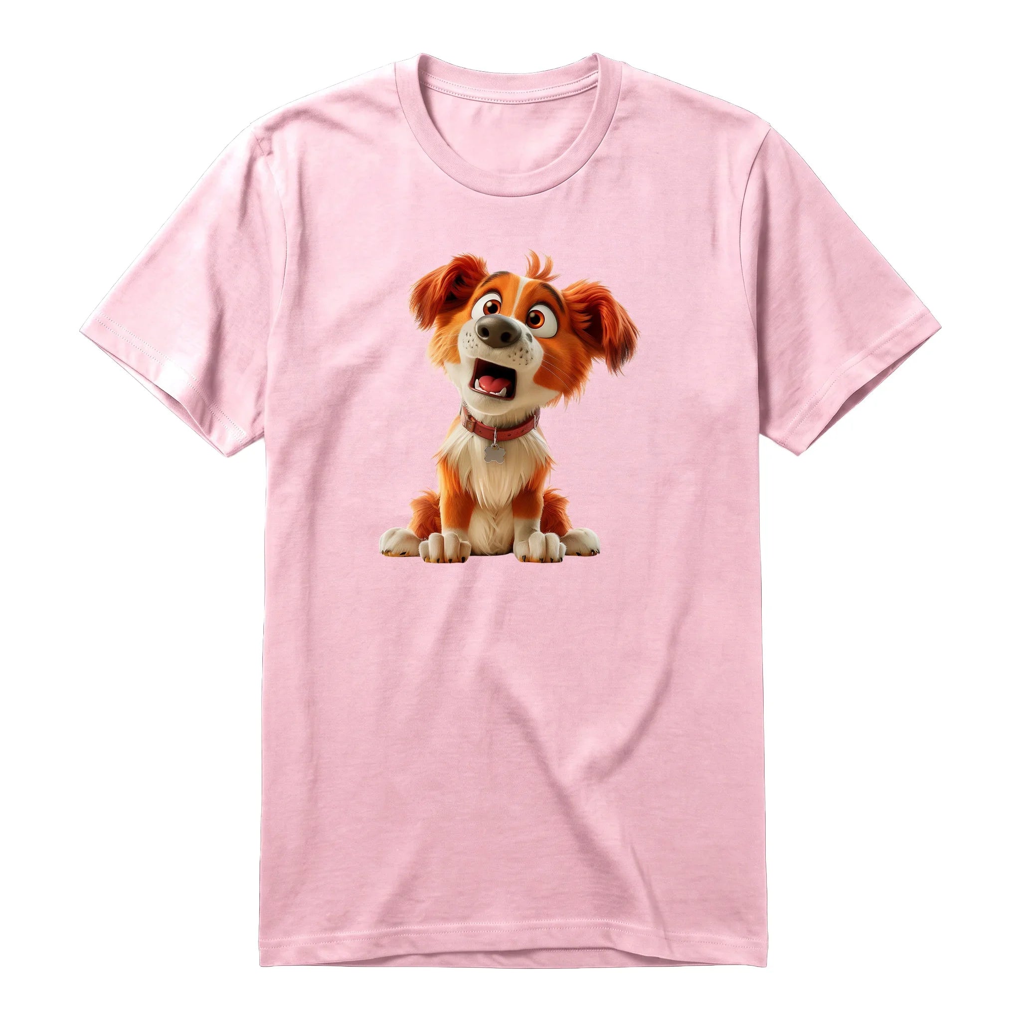 A pink short-sleeve crewneck t-shirt for adult featuring a graphic of a dog on the front.