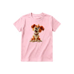 A pink short-sleeve crewneck t-shirt for youth featuring a graphic of a dog on the front.