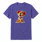 A purple short-sleeve crewneck t-shirt for adult featuring a graphic of a dog on the front.