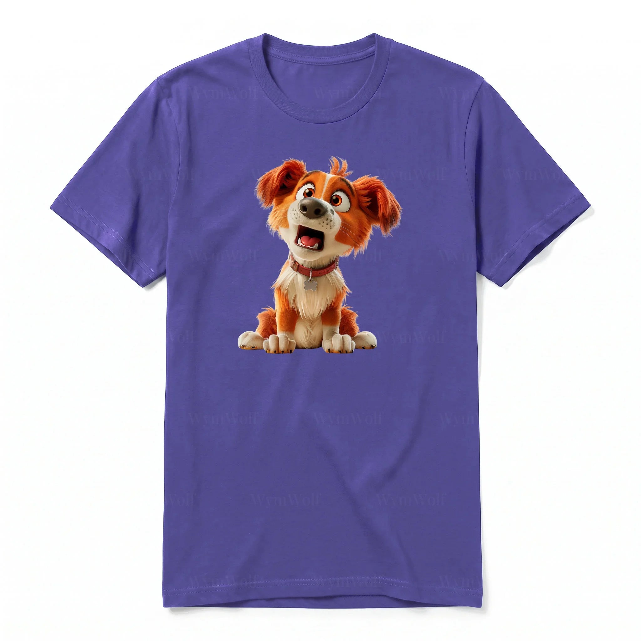 A purple short-sleeve crewneck t-shirt for adult featuring a graphic of a dog on the front.