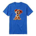 A royal short-sleeve crewneck t-shirt for adult featuring a graphic of a dog on the front.