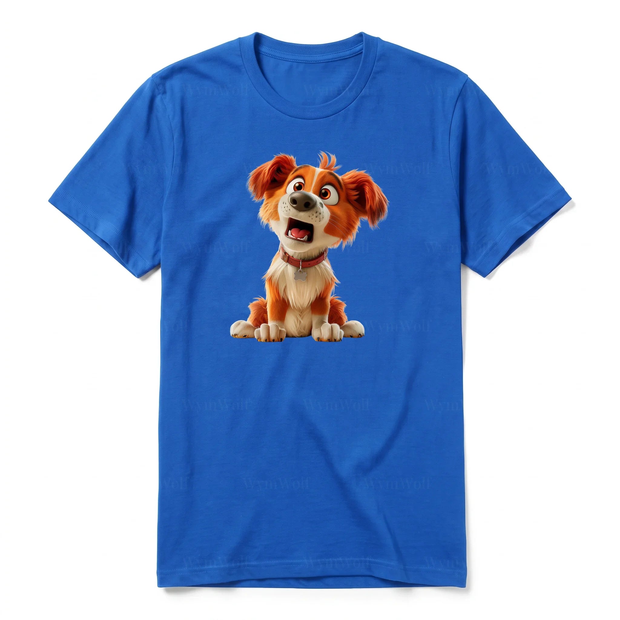 A royal short-sleeve crewneck t-shirt for adult featuring a graphic of a dog on the front.