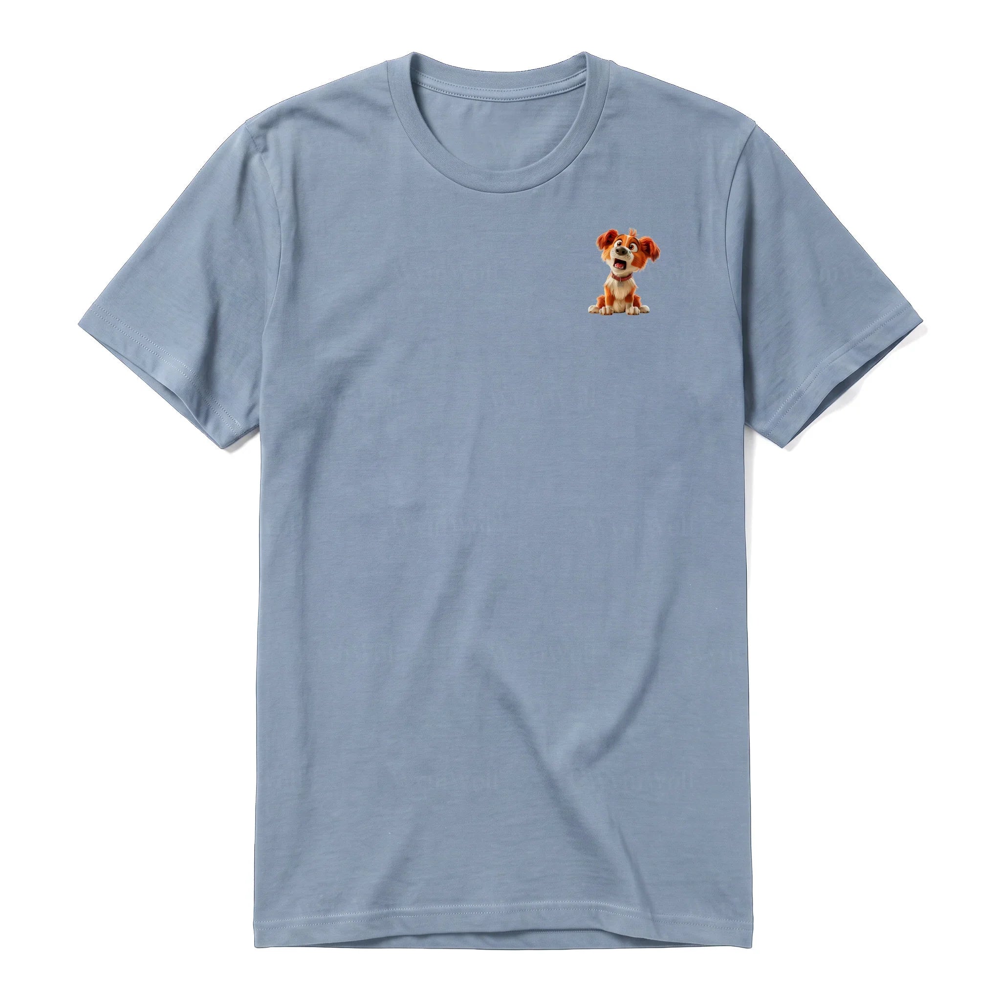 A steel-blue short-sleeve crewneck t-shirt for adult featuring a graphic of a dog on the left chest.