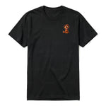 A black short-sleeve crewneck t-shirt for adult featuring a graphic of a dog on the left chest.