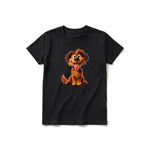 A black short-sleeve crewneck t-shirt for youth featuring a graphic of a dog on the front.
