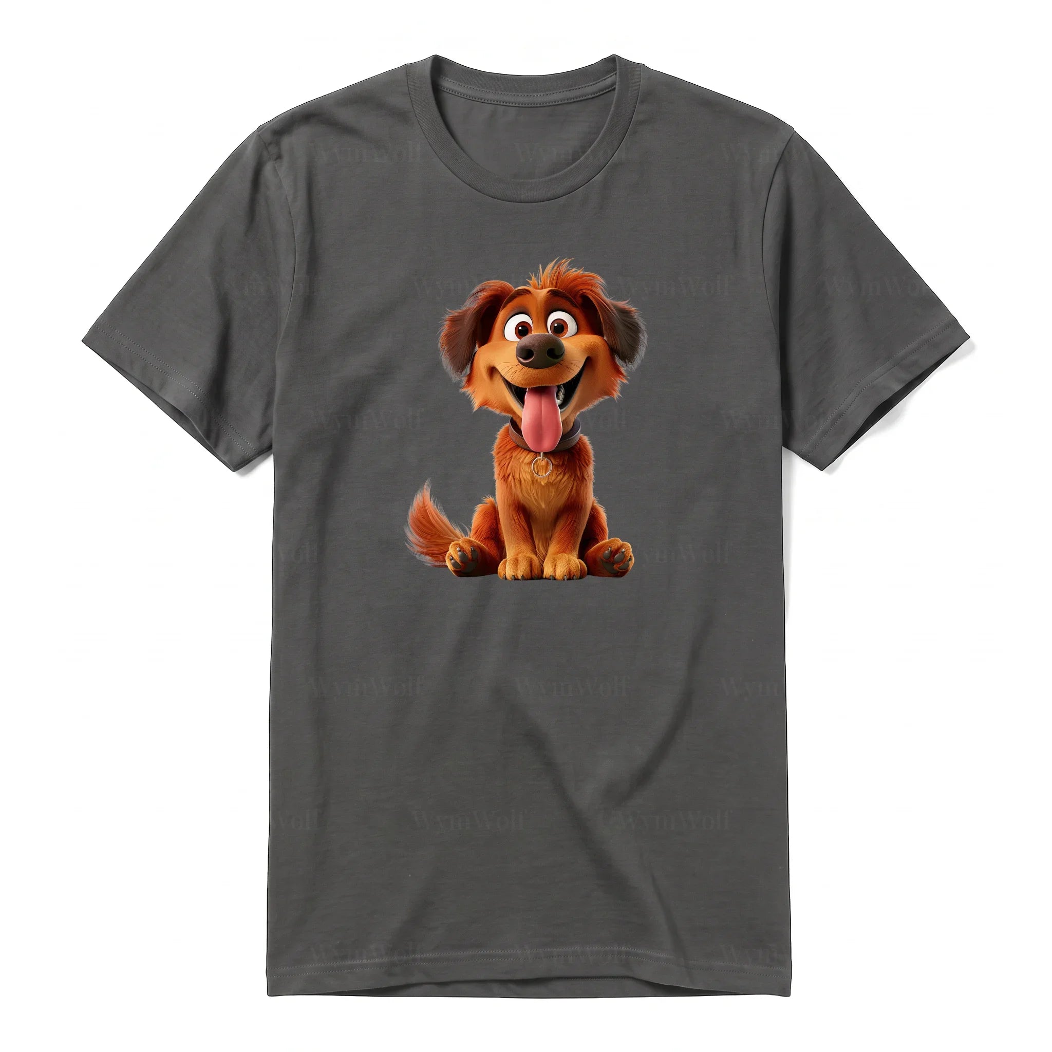 A charcoal short-sleeve crewneck t-shirt for adult featuring a graphic of a dog on the front.